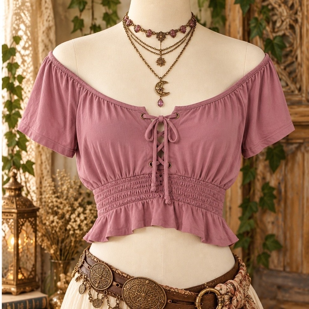 Rose Mauve Lace Up Smocked Waist Crop Top Short Sleeve Boho Small Renaissance